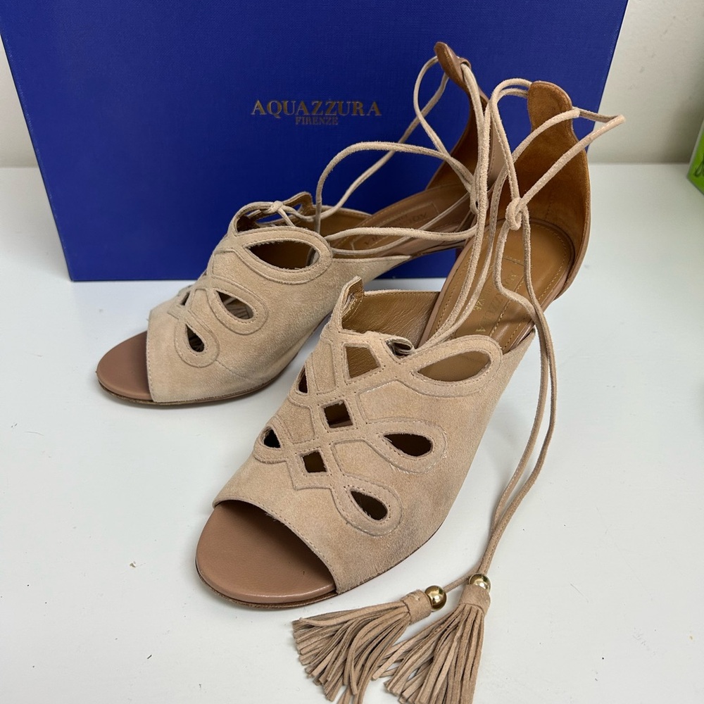 Tassel accent Aquazzura Beige Suede Lace-Up Heels